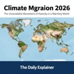 A world map highlighting major climate migration hotspots in 2026, including the Horn of Africa, South Asia, Central America, and Small Island States, with arrows indicating displacement flows and callouts for projected numbers.