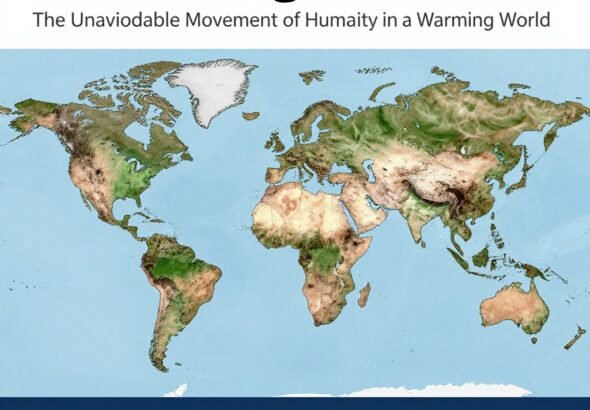 A world map highlighting major climate migration hotspots in 2026, including the Horn of Africa, South Asia, Central America, and Small Island States, with arrows indicating displacement flows and callouts for projected numbers.