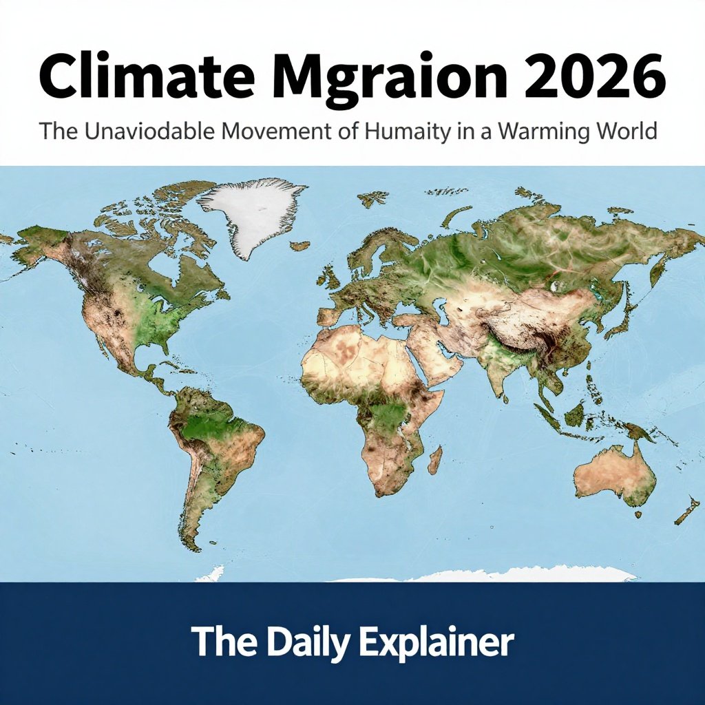 A world map highlighting major climate migration hotspots in 2026, including the Horn of Africa, South Asia, Central America, and Small Island States, with arrows indicating displacement flows and callouts for projected numbers.