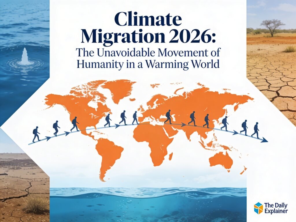 A world map highlighting major climate migration hotspots in 2026, including the Horn of Africa, South Asia, Central America, and Small Island States, with arrows indicating displacement flows and callouts for projected numbers.