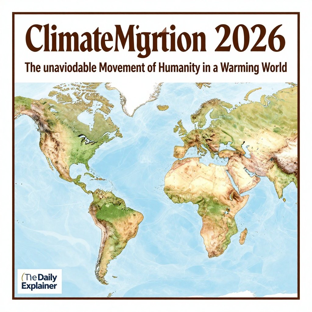 A world map highlighting major climate migration hotspots in 2026, including the Horn of Africa, South Asia, Central America, and Small Island States, with arrows indicating displacement flows and callouts for projected numbers.