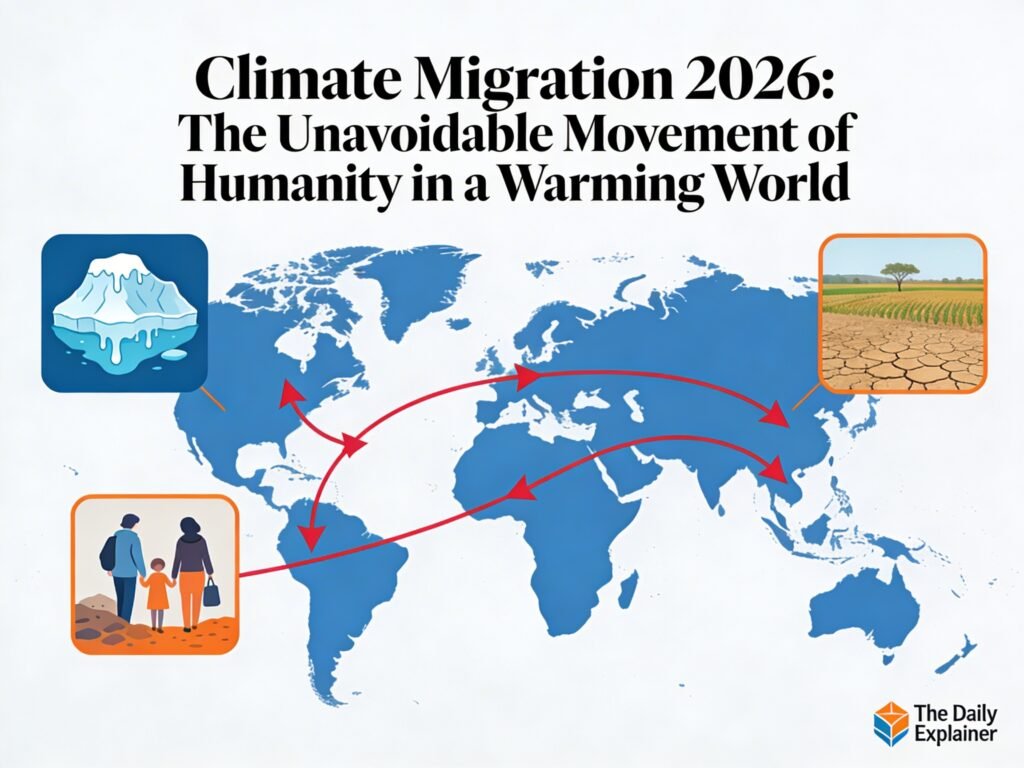 A world map highlighting major climate migration hotspots in 2026, including the Horn of Africa, South Asia, Central America, and Small Island States, with arrows indicating displacement flows and callouts for projected numbers.