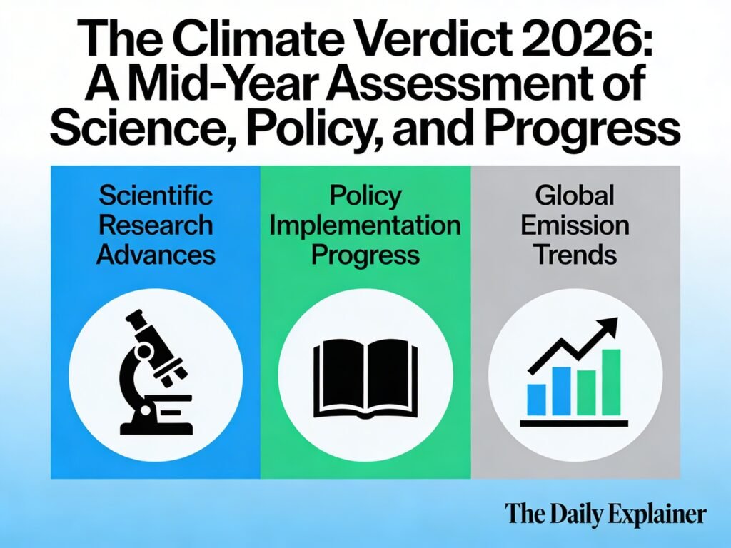 A data dashboard showing key climate indicators for March 2026: global temperature 1.49°C above pre-industrial, February as 5th warmest on record, Arctic sea ice 3rd lowest, and policy milestones including fossil fuel transition roadmaps and China's 15th Five-Year Plan.