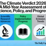 A data dashboard showing key climate indicators for March 2026: global temperature 1.49°C above pre-industrial, February as 5th warmest on record, Arctic sea ice 3rd lowest, and policy milestones including fossil fuel transition roadmaps and China's 15th Five-Year Plan.