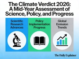 A data dashboard showing key climate indicators for March 2026: global temperature 1.49°C above pre-industrial, February as 5th warmest on record, Arctic sea ice 3rd lowest, and policy milestones including fossil fuel transition roadmaps and China's 15th Five-Year Plan.