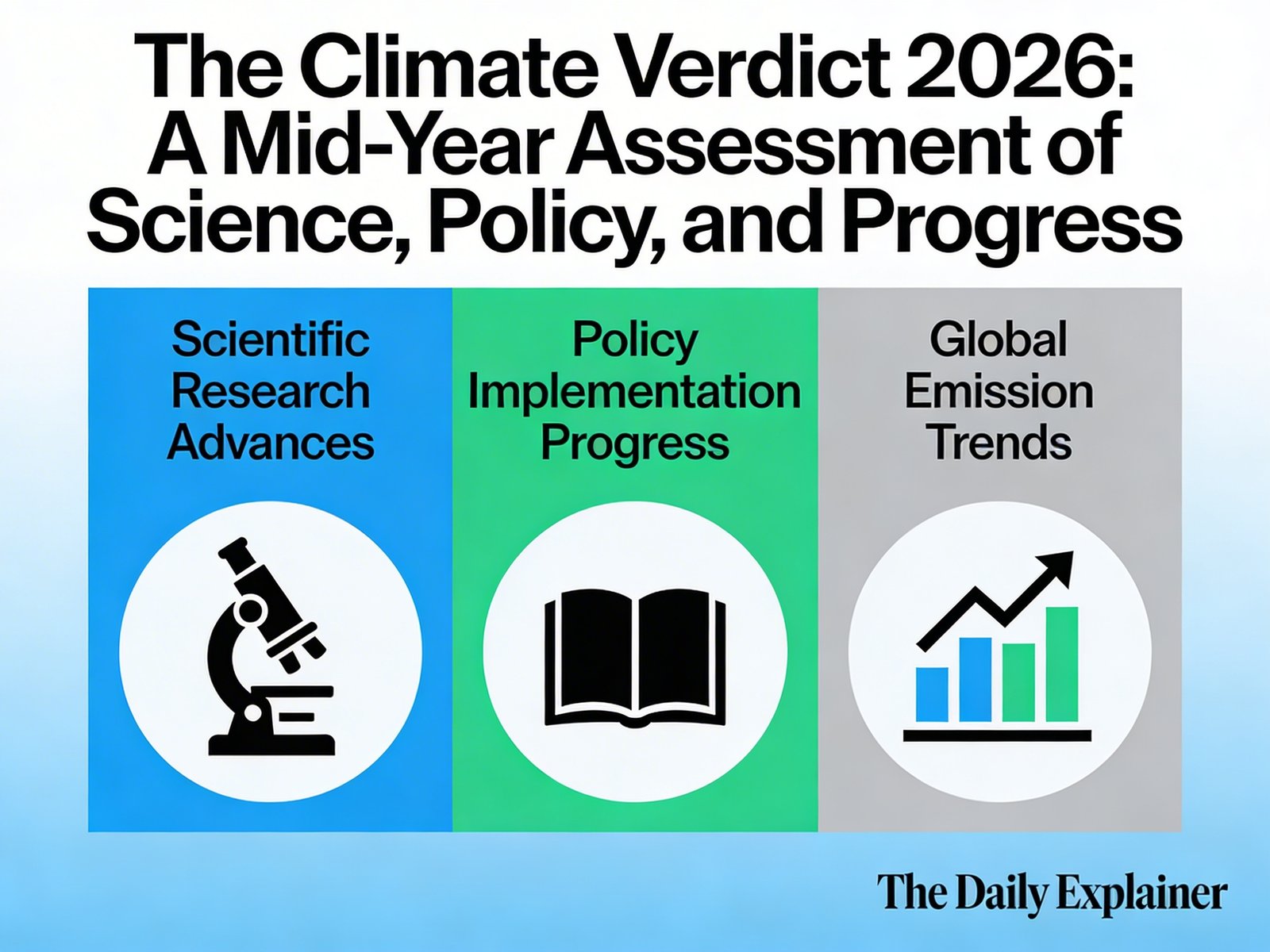 A data dashboard showing key climate indicators for March 2026: global temperature 1.49°C above pre-industrial, February as 5th warmest on record, Arctic sea ice 3rd lowest, and policy milestones including fossil fuel transition roadmaps and China's 15th Five-Year Plan.