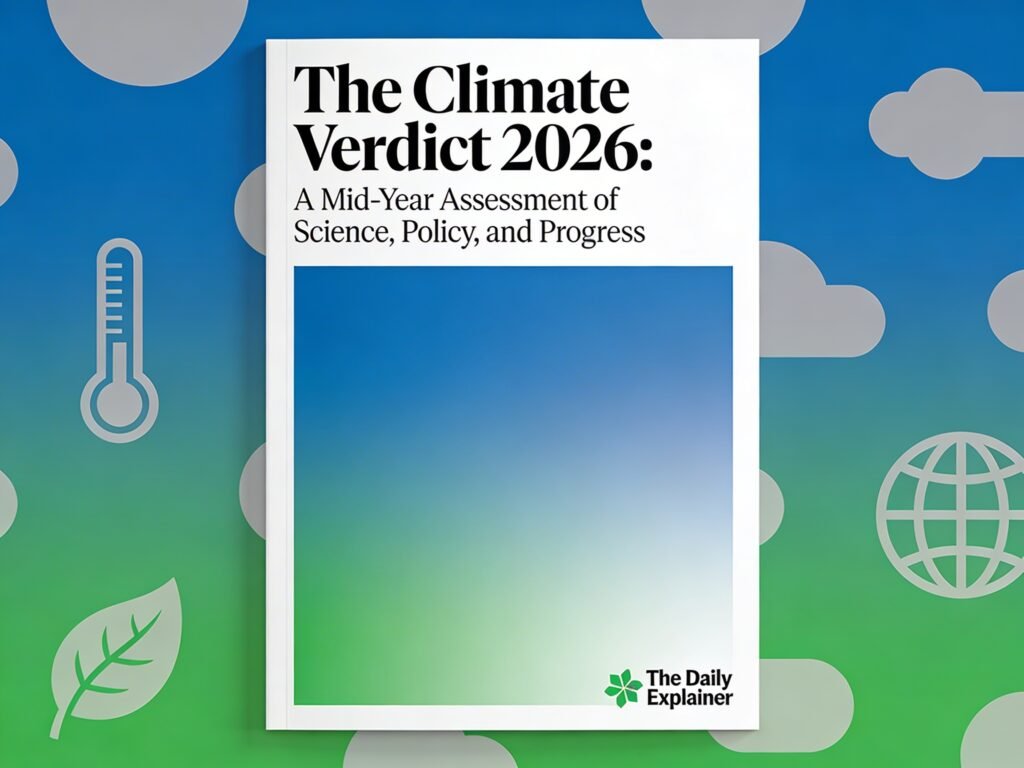 A data dashboard showing key climate indicators for March 2026: global temperature 1.49°C above pre-industrial, February as 5th warmest on record, Arctic sea ice 3rd lowest, and policy milestones including fossil fuel transition roadmaps and China's 15th Five-Year Plan.