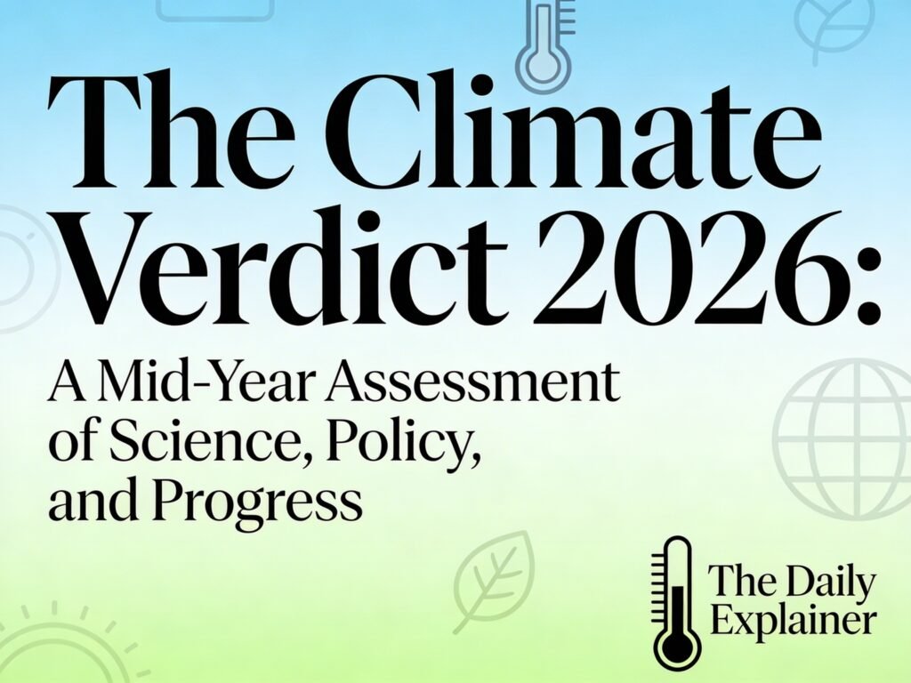 A data dashboard showing key climate indicators for March 2026: global temperature 1.49°C above pre-industrial, February as 5th warmest on record, Arctic sea ice 3rd lowest, and policy milestones including fossil fuel transition roadmaps and China's 15th Five-Year Plan.