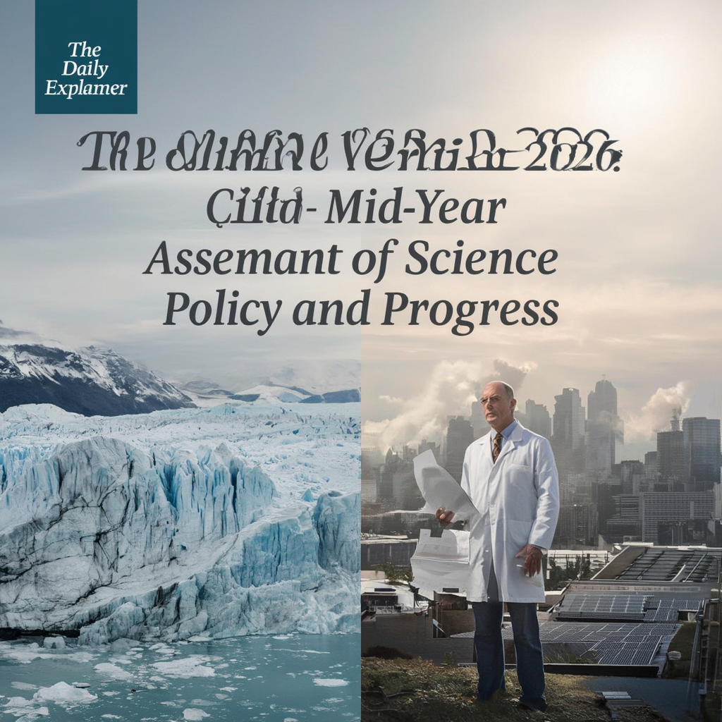 A data dashboard showing key climate indicators for March 2026: global temperature 1.49°C above pre-industrial, February as 5th warmest on record, Arctic sea ice 3rd lowest, and policy milestones including fossil fuel transition roadmaps and China's 15th Five-Year Plan.