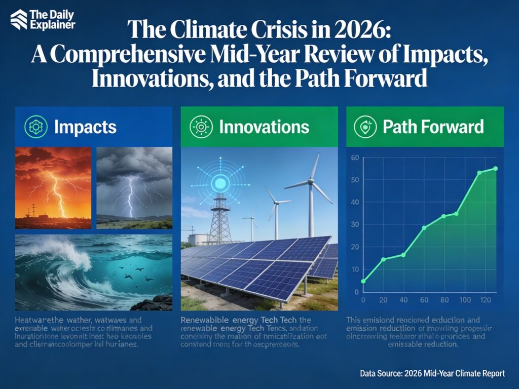 A comprehensive data dashboard showing key climate indicators for March 2026: global temperature anomaly of 1.49°C, Arctic sea ice at third-lowest extent, atmospheric river flooding events across Europe, and policy milestones including the UN ICJ resolution and China's 15th Five-Year Plan.