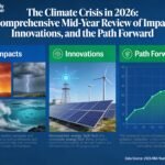 A comprehensive data dashboard showing key climate indicators for March 2026: global temperature anomaly of 1.49°C, Arctic sea ice at third-lowest extent, atmospheric river flooding events across Europe, and policy milestones including the UN ICJ resolution and China's 15th Five-Year Plan.