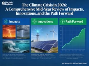 A comprehensive data dashboard showing key climate indicators for March 2026: global temperature anomaly of 1.49°C, Arctic sea ice at third-lowest extent, atmospheric river flooding events across Europe, and policy milestones including the UN ICJ resolution and China's 15th Five-Year Plan.