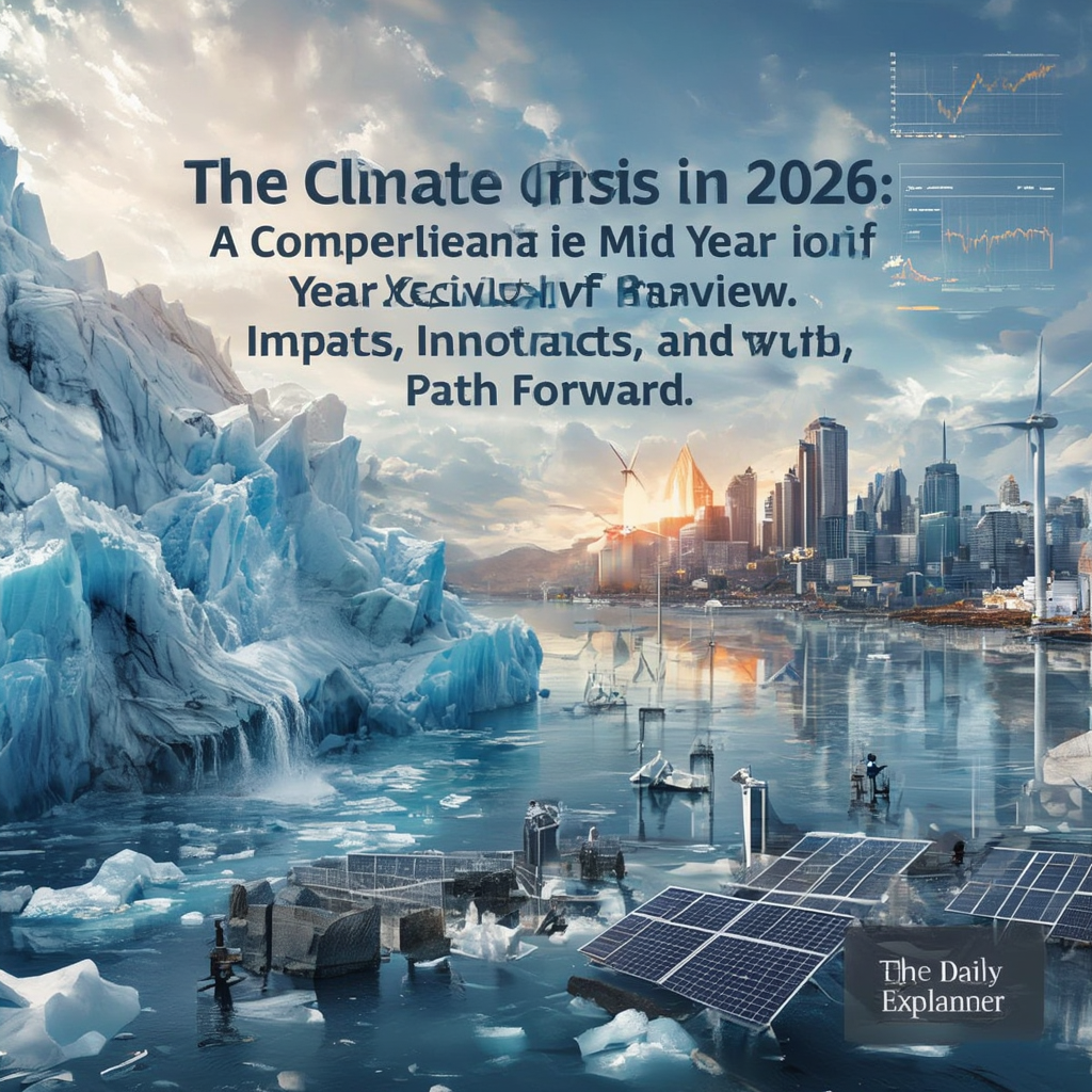 A comprehensive data dashboard showing key climate indicators for March 2026: global temperature anomaly of 1.49°C, Arctic sea ice at third-lowest extent, atmospheric river flooding events across Europe, and policy milestones including the UN ICJ resolution and China's 15th Five-Year Plan.