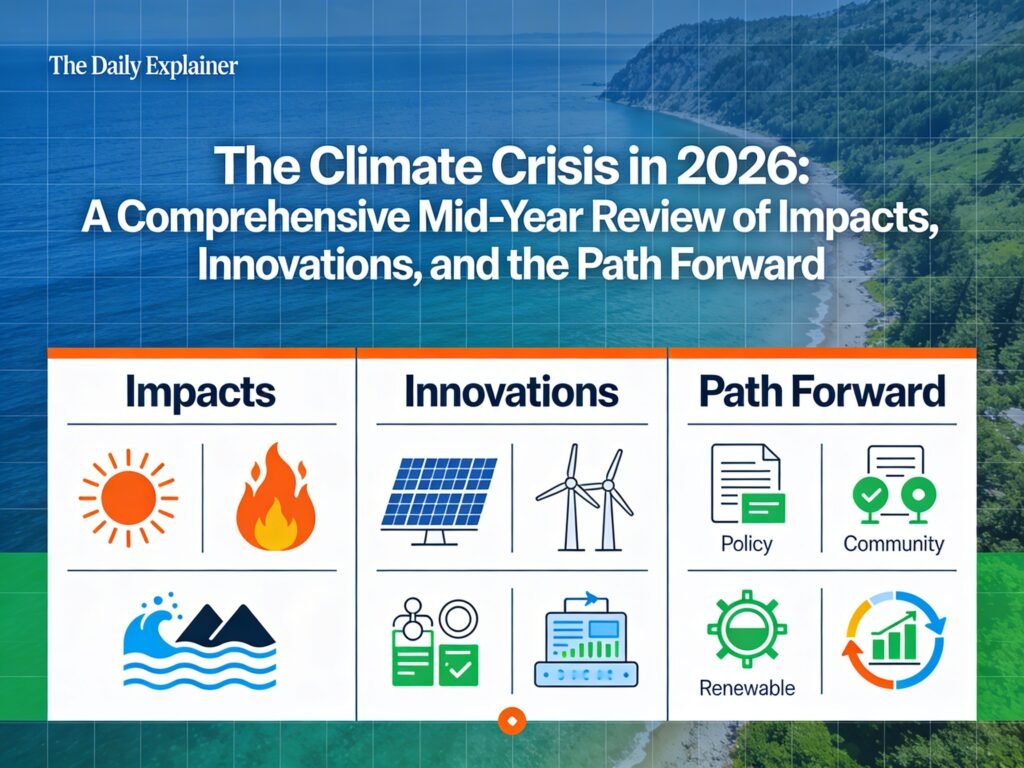 A comprehensive data dashboard showing key climate indicators for March 2026: global temperature anomaly of 1.49°C, Arctic sea ice at third-lowest extent, atmospheric river flooding events across Europe, and policy milestones including the UN ICJ resolution and China's 15th Five-Year Plan.