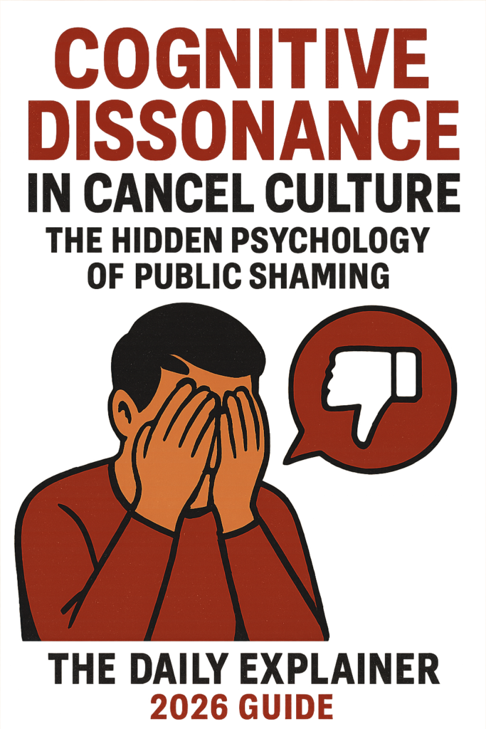 Diagram showing four steps of cognitive dissonance in cancel culture: discomfort, commitment, justification, reinforcement