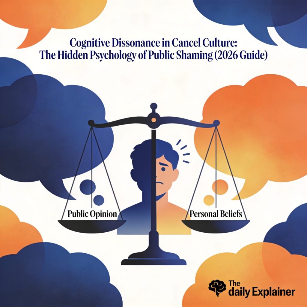 Diagram showing four steps of cognitive dissonance in cancel culture: discomfort, commitment, justification, reinforcement