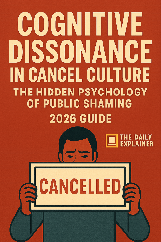 Diagram showing four steps of cognitive dissonance in cancel culture: discomfort, commitment, justification, reinforcement
