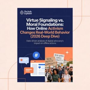 Six-pillar diagram showing Moral Foundations Theory: Care, Fairness, Loyalty, Authority, Sanctity, Liberty with political leanings and example triggers