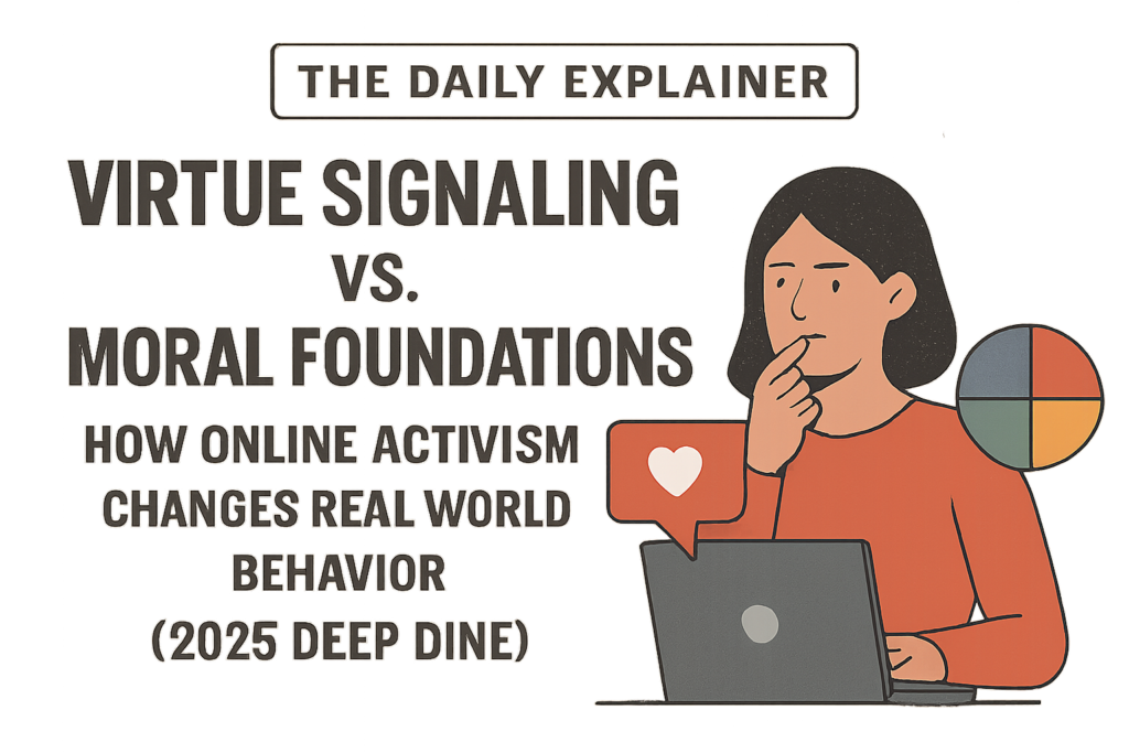 Six-pillar diagram showing Moral Foundations Theory: Care, Fairness, Loyalty, Authority, Sanctity, Liberty with political leanings and example triggers
