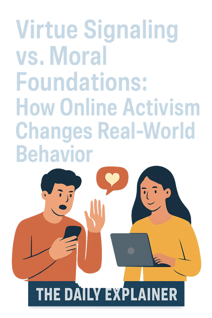Six-pillar diagram showing Moral Foundations Theory: Care, Fairness, Loyalty, Authority, Sanctity, Liberty with political leanings and example triggers