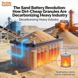 Diagram showing how a sand battery stores excess wind and solar energy as heat for industrial use.