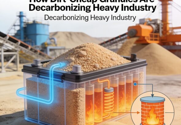 Diagram showing how a sand battery stores excess wind and solar energy as heat for industrial use.