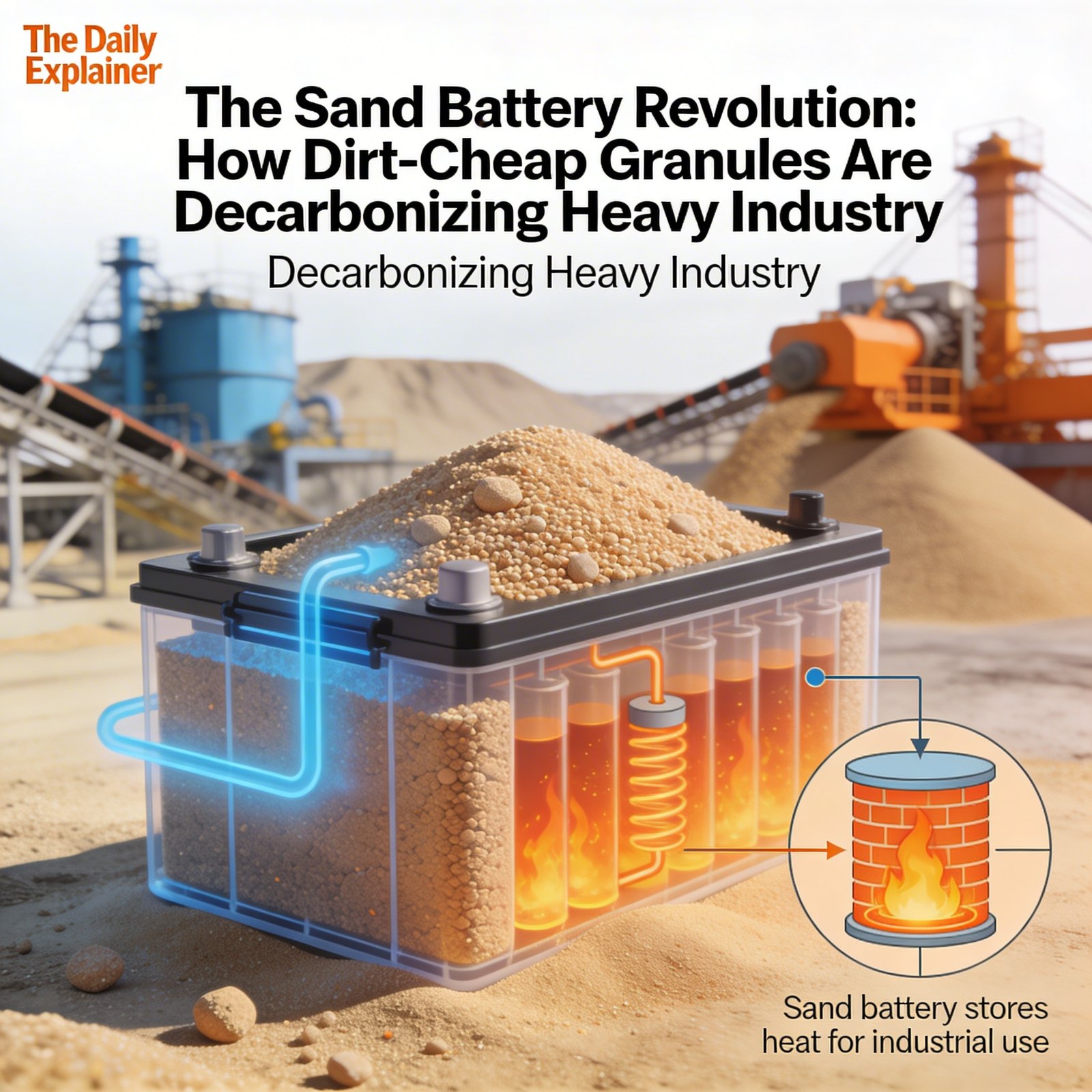 Diagram showing how a sand battery stores excess wind and solar energy as heat for industrial use.