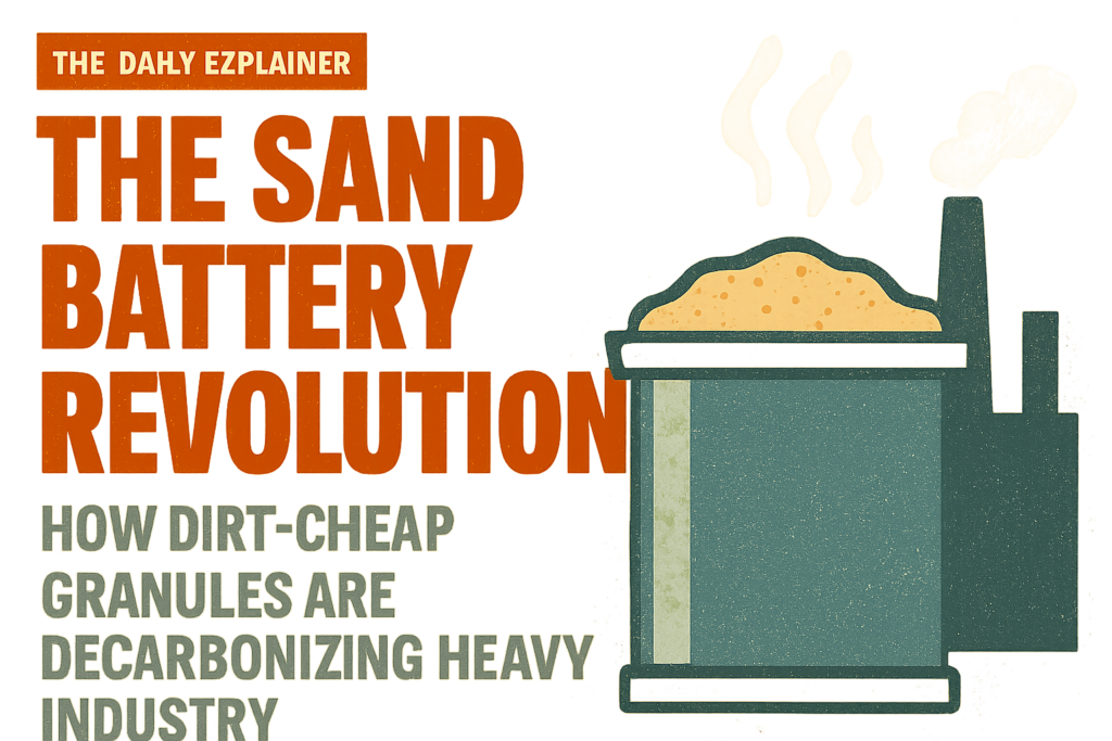 Diagram showing how a sand battery stores excess wind and solar energy as heat for industrial use.