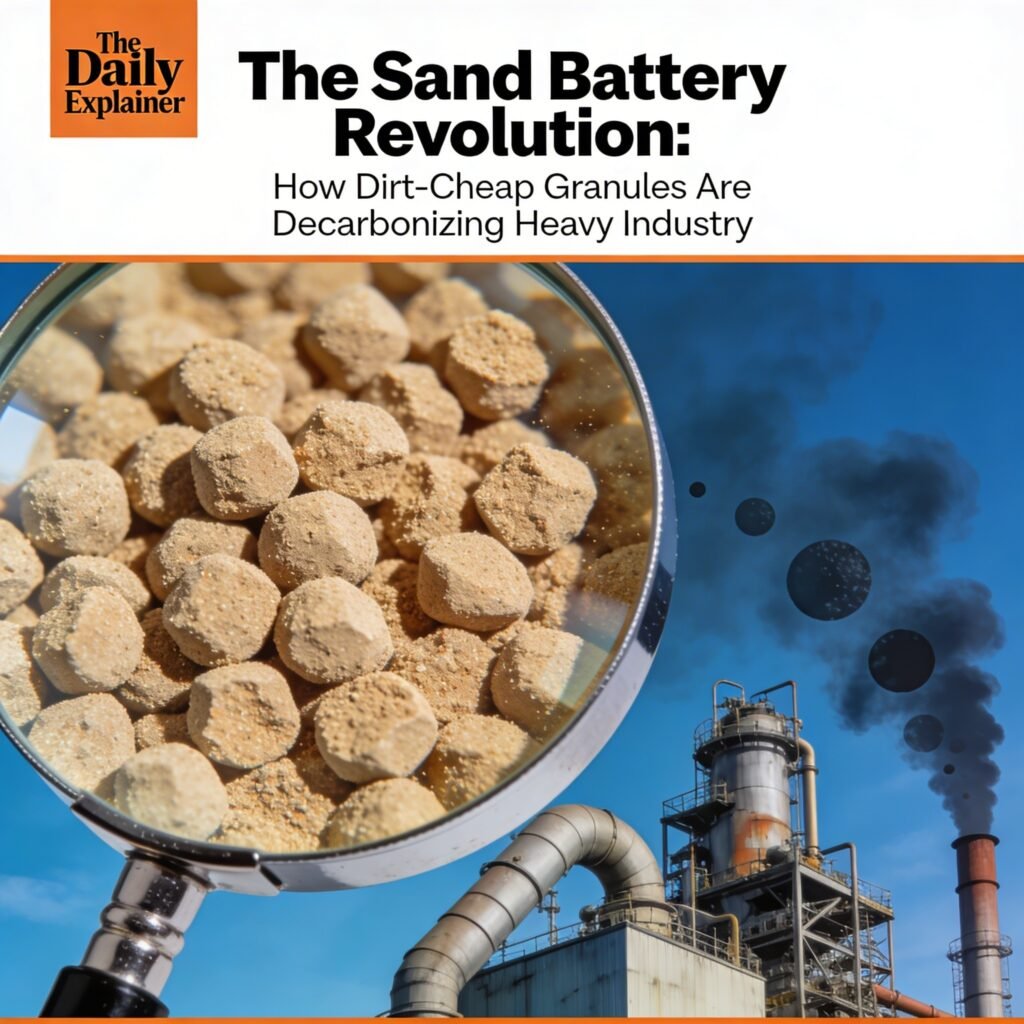Diagram showing how a sand battery stores excess wind and solar energy as heat for industrial use.