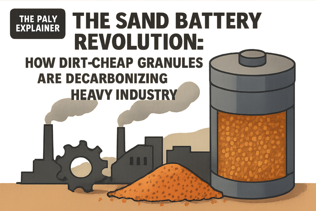 Diagram showing how a sand battery stores excess wind and solar energy as heat for industrial use.