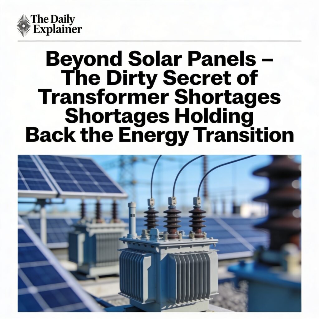 Cross-section diagram of a large power transformer showing the laminated steel core, copper windings, insulating oil, cooling fins, and steel tank.