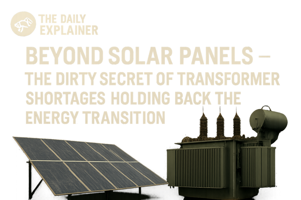 Cross-section diagram of a large power transformer showing the laminated steel core, copper windings, insulating oil, cooling fins, and steel tank.
