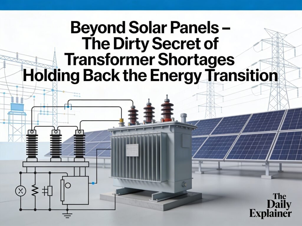 Cross-section diagram of a large power transformer showing the laminated steel core, copper windings, insulating oil, cooling fins, and steel tank.