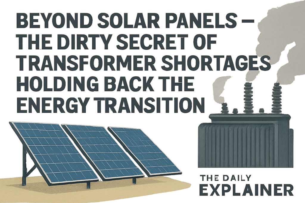 Cross-section diagram of a large power transformer showing the laminated steel core, copper windings, insulating oil, cooling fins, and steel tank.