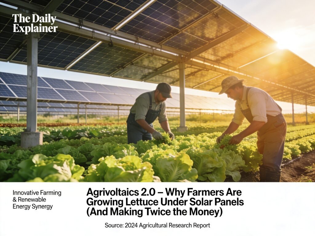 Cross-section diagram of an agrivoltaic farm showing solar panels mounted at 10 feet height with crops growing underneath and sheep grazing between rows.