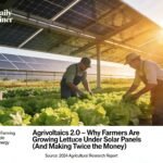 Cross-section diagram of an agrivoltaic farm showing solar panels mounted at 10 feet height with crops growing underneath and sheep grazing between rows.