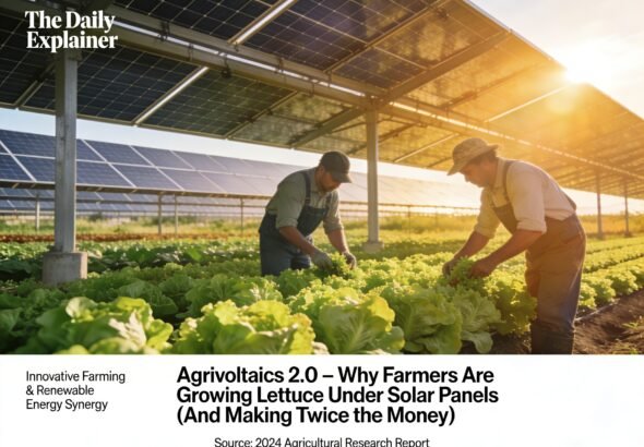 Cross-section diagram of an agrivoltaic farm showing solar panels mounted at 10 feet height with crops growing underneath and sheep grazing between rows.