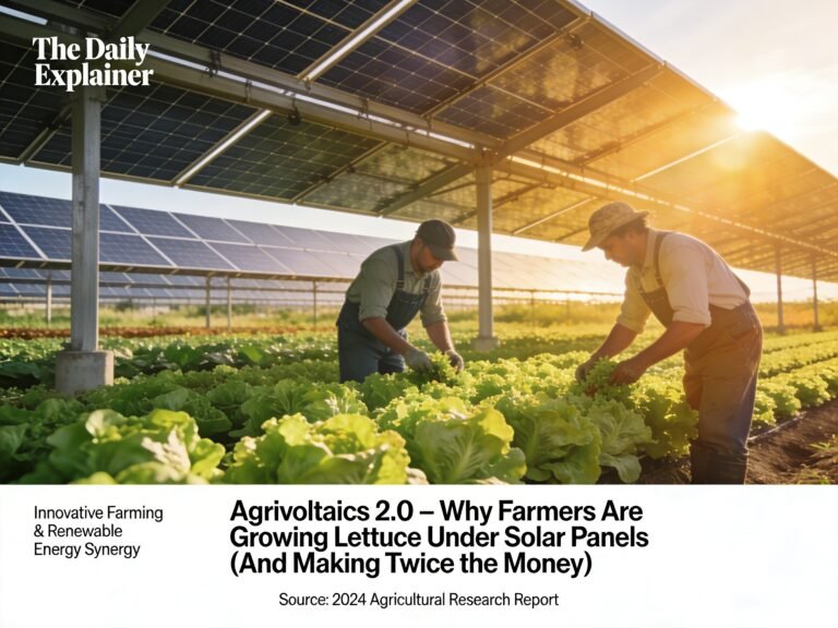 Cross-section diagram of an agrivoltaic farm showing solar panels mounted at 10 feet height with crops growing underneath and sheep grazing between rows.