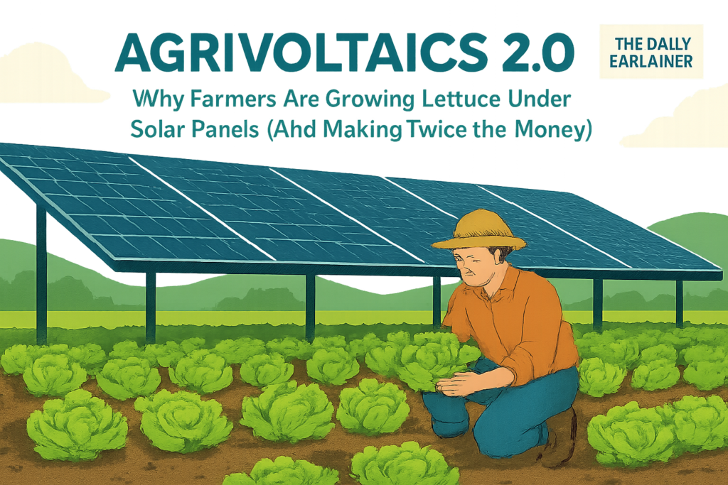 Cross-section diagram of an agrivoltaic farm showing solar panels mounted at 10 feet height with crops growing underneath and sheep grazing between rows.