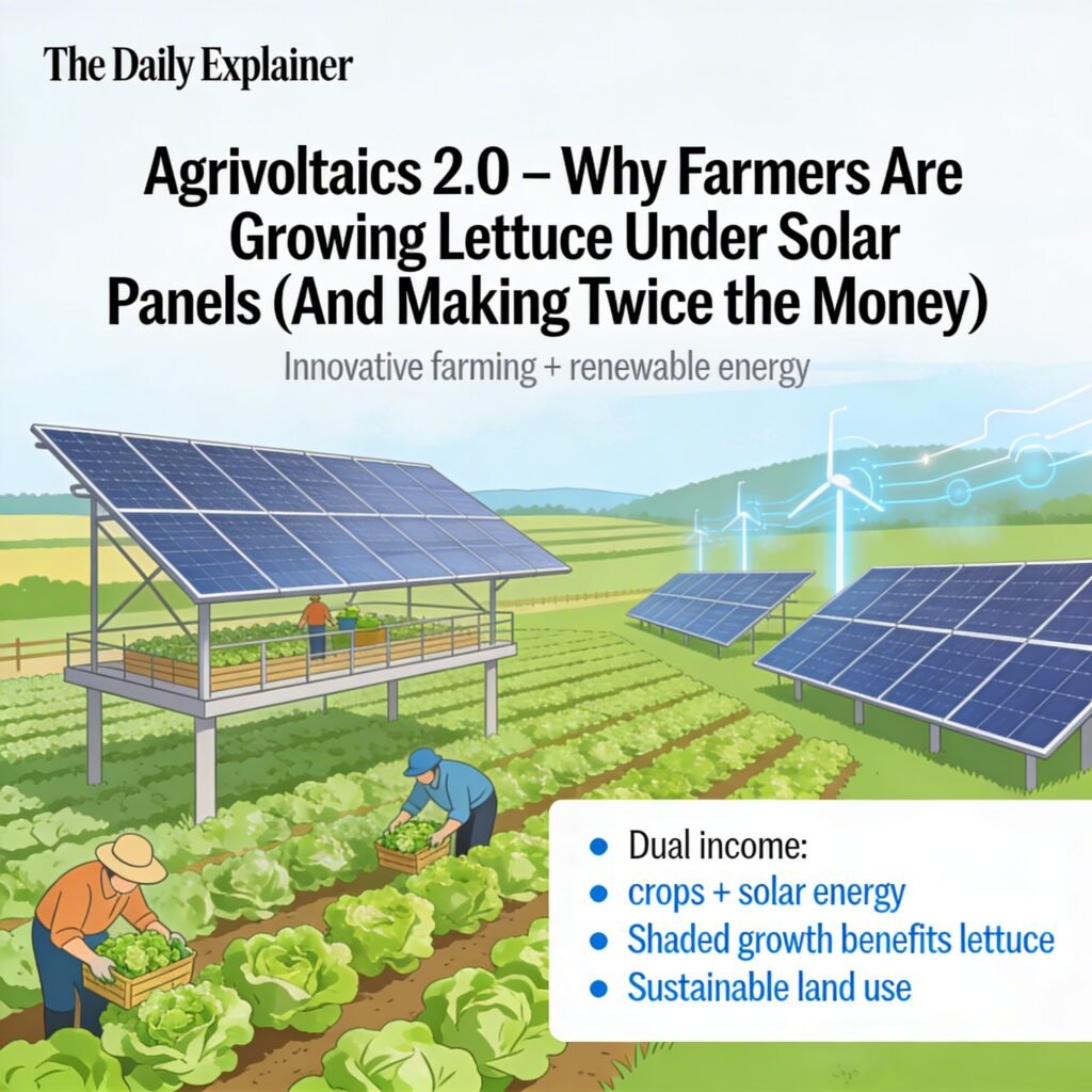 Cross-section diagram of an agrivoltaic farm showing solar panels mounted at 10 feet height with crops growing underneath and sheep grazing between rows.