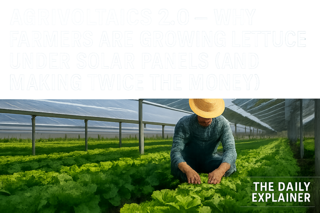 Cross-section diagram of an agrivoltaic farm showing solar panels mounted at 10 feet height with crops growing underneath and sheep grazing between rows.