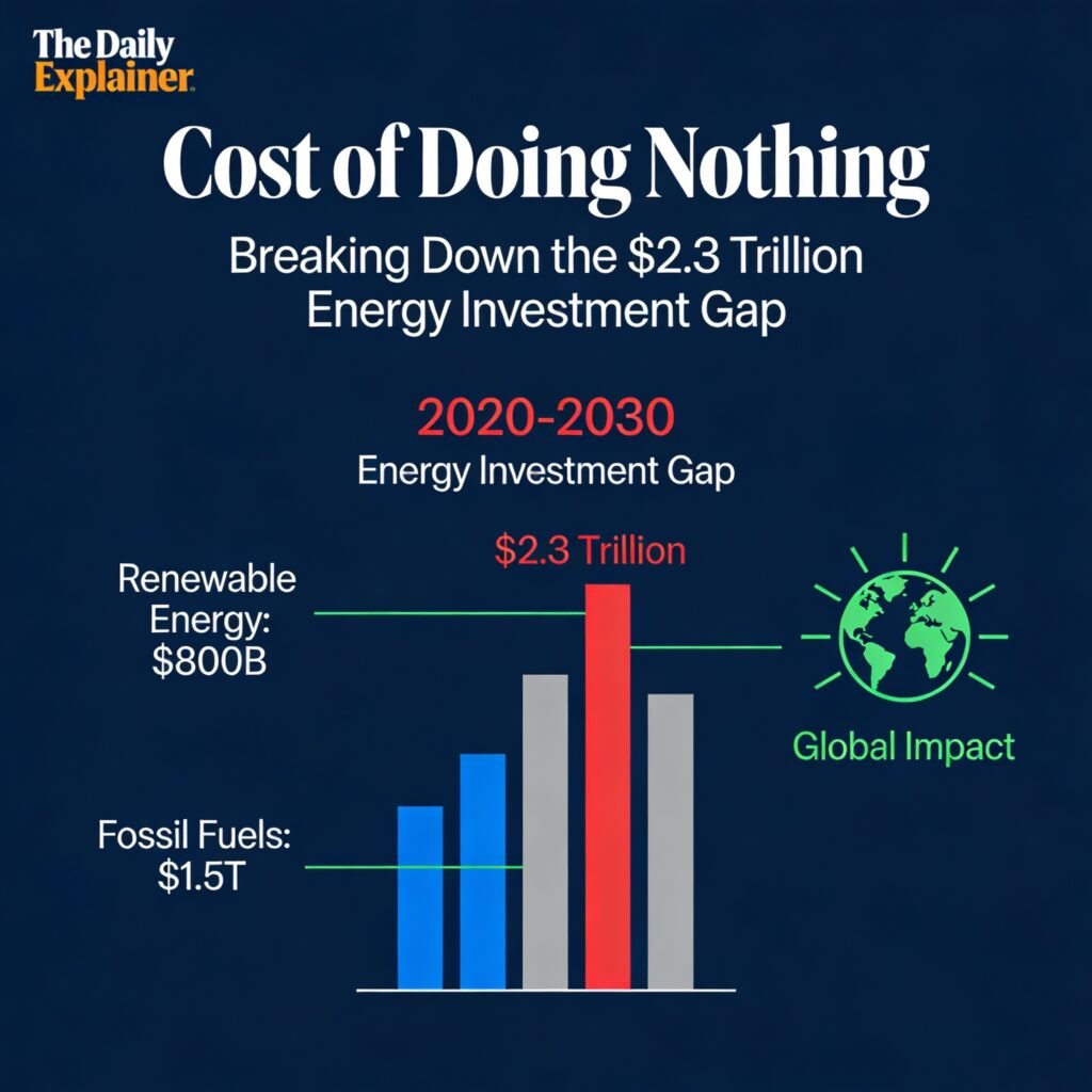 Bar chart showing global energy transition investment rising from 1.2 t r i l l i o n i n 2020 t o 1.2trillionin2020to2.3 trillion in 2025, with categories for renewables, transport, grids, storage, industry, and carbon capture.