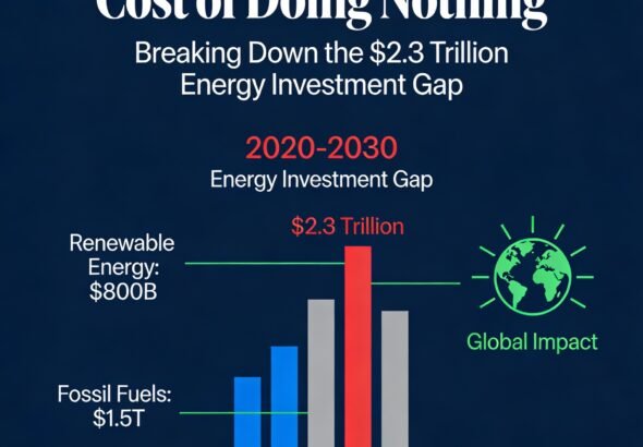 Bar chart showing global energy transition investment rising from 1.2 t r i l l i o n i n 2020 t o 1.2trillionin2020to2.3 trillion in 2025, with categories for renewables, transport, grids, storage, industry, and carbon capture.