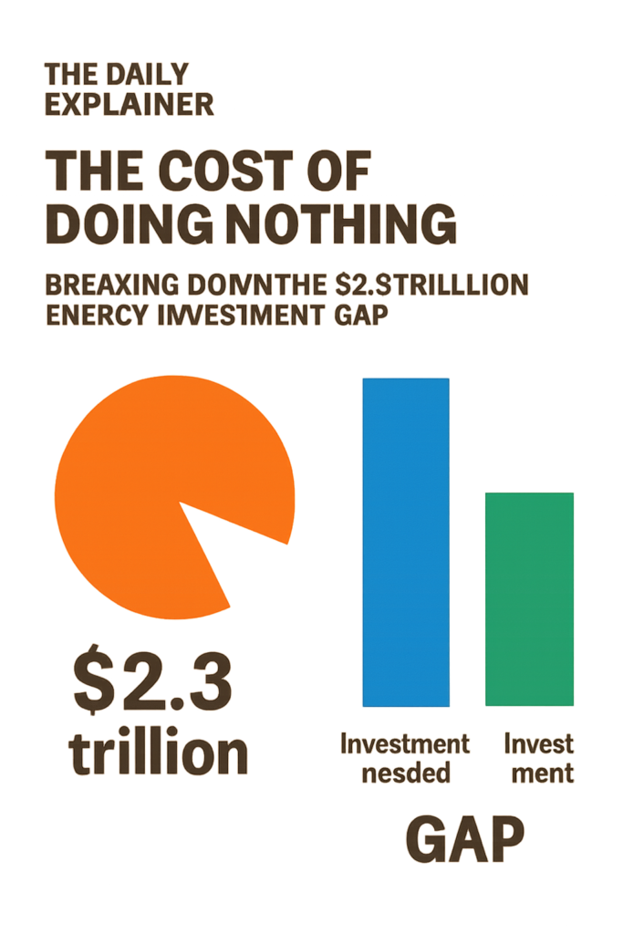 Bar chart showing global energy transition investment rising from 1.2 t r i l l i o n i n 2020 t o 1.2trillionin2020to2.3 trillion in 2025, with categories for renewables, transport, grids, storage, industry, and carbon capture.