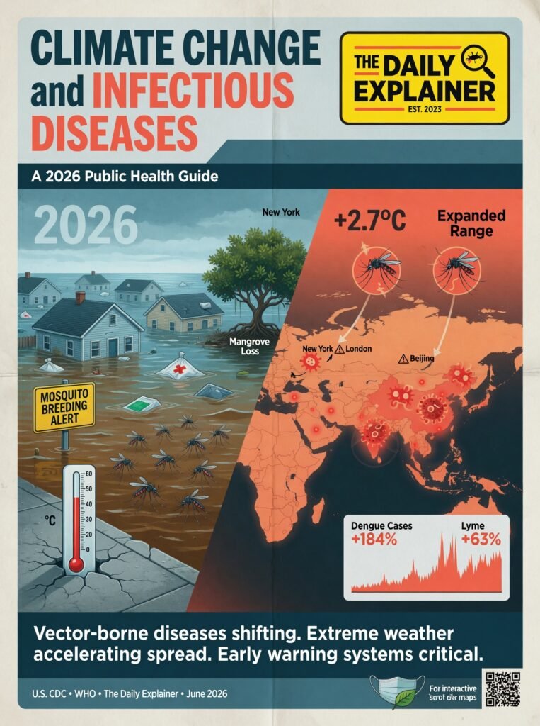 Map comparison showing the spread of Dengue fever into Southern Europe and North America due to climate change between 1990 and 2026.
