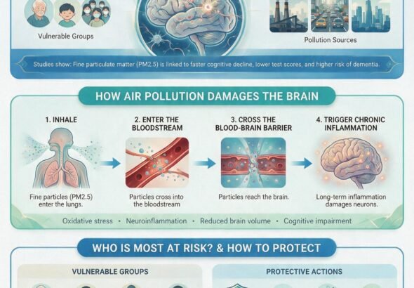 Diagram showing how PM2.5 particles enter the brain: through the lungs into the bloodstream, crossing the blood-brain barrier, and through the olfactory nerve directly from the nose.