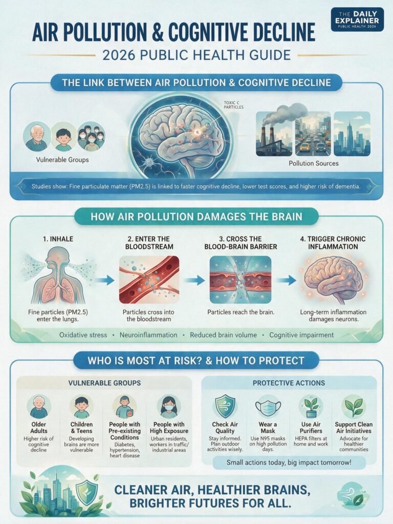 Diagram showing how PM2.5 particles enter the brain: through the lungs into the bloodstream, crossing the blood-brain barrier, and through the olfactory nerve directly from the nose.