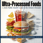 Bar chart showing the percentage of energy intake from ultra-processed foods by country: USA 60%, UK 50%, Brazil 42%, Mexico 23%, China 10%.