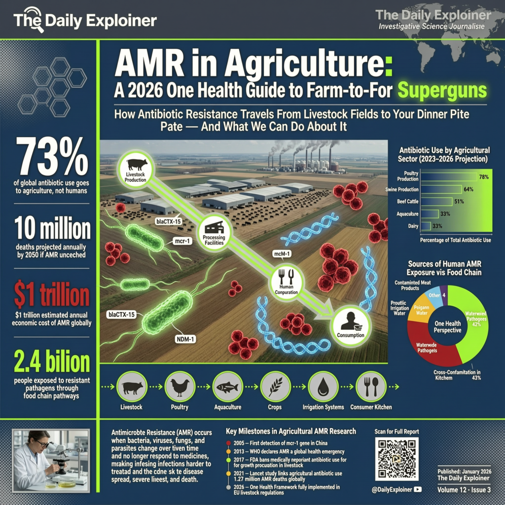 Infographic showing the transmission of antimicrobial-resistant bacteria from livestock farms through the food chain to humans, including farm animals, slaughterhouses, retail meat, and human consumers.