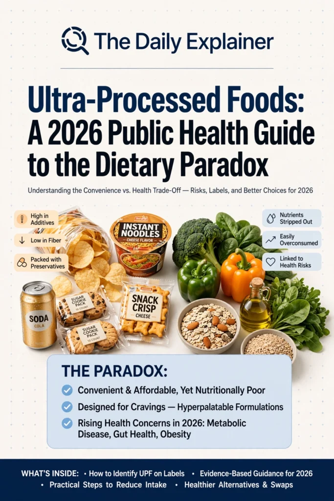 Bar chart showing the percentage of energy intake from ultra-processed foods by country: USA 60%, UK 50%, Brazil 42%, Mexico 23%, China 10%.